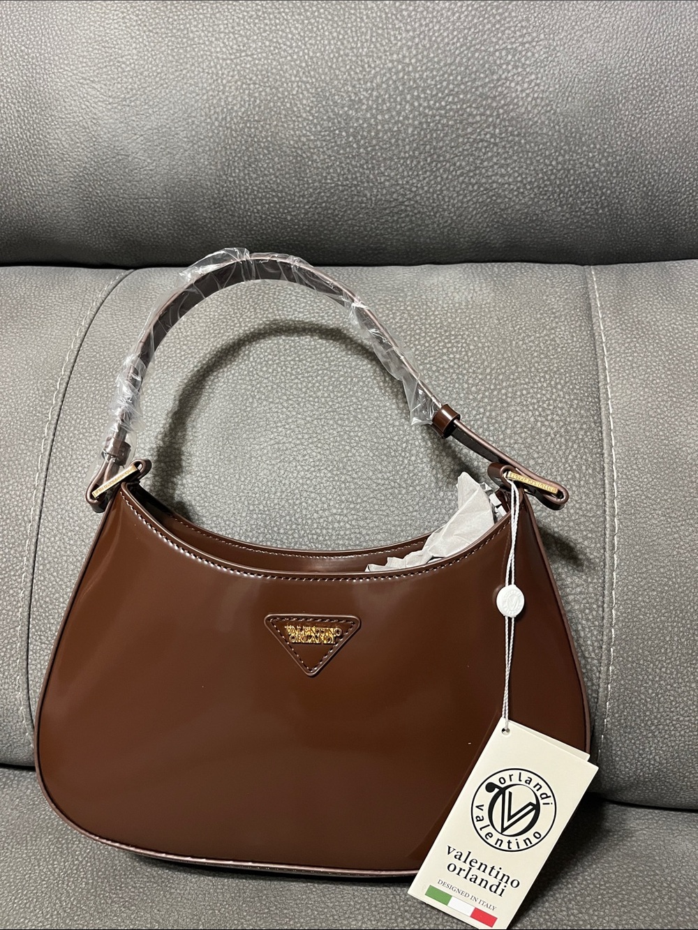 Valentino Orlandi Chocolate Brown Patent Shoulder Bag with Gold Accent